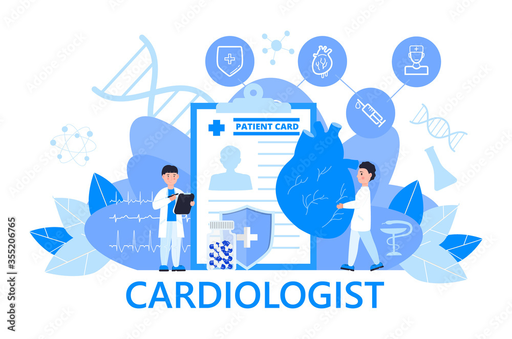 Cardiologist concept vector for web header. Hypo-tension and hypertension disease illustration for cardiology app, web. Symptoms and prevention blood pressure. Tiny doctors treat heart. Cardiologist concept vector for web header. Hypo-tension and hypertension disease illustration for cardiology app, web. Symptoms and prevention blood pressure. Tiny doctors treat heart.