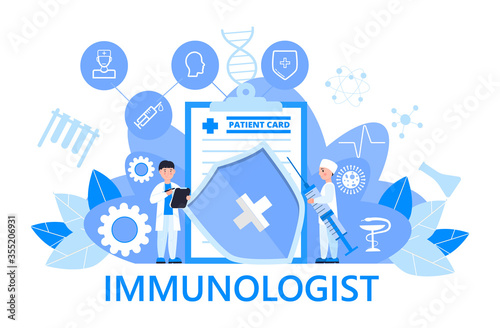 Immunologist concept vector for medical app, web, banner. Time to vaccinate. Measles, flu, corona-virus vaccine illustration. Tiny doctor of immunology taking syringe.