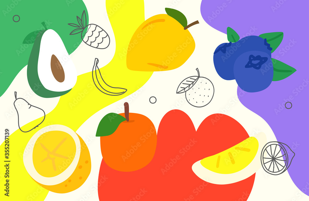 Naklejka premium Creative doodle artistic wallpaper with fruits. Abstract background with color hand drawn geometric shapes. Sketchy style illustration