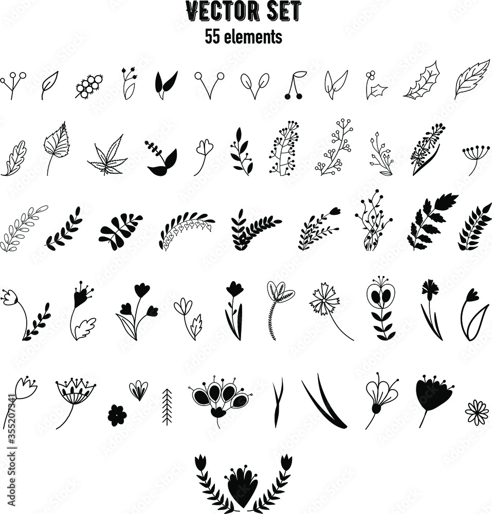 Fototapeta premium Set of vector illustrations. Doodles. Black and white, monochrome floral elements. Hand drawn flowers. Botanical illustration.