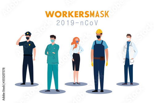 people workers with uniforms and workermasks vector design