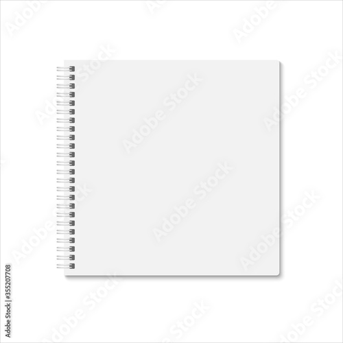 Blank white square notebook cover. Vector mock up ESP 10. Vertical blank spiral copybook, organizer or diary with shadow on white background.