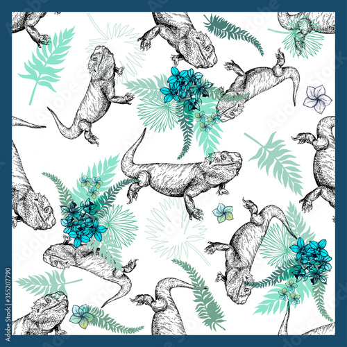 Seamless pattern of hand drawn sketch style bearded dragons and plants isolated on white background. Vector illustration.