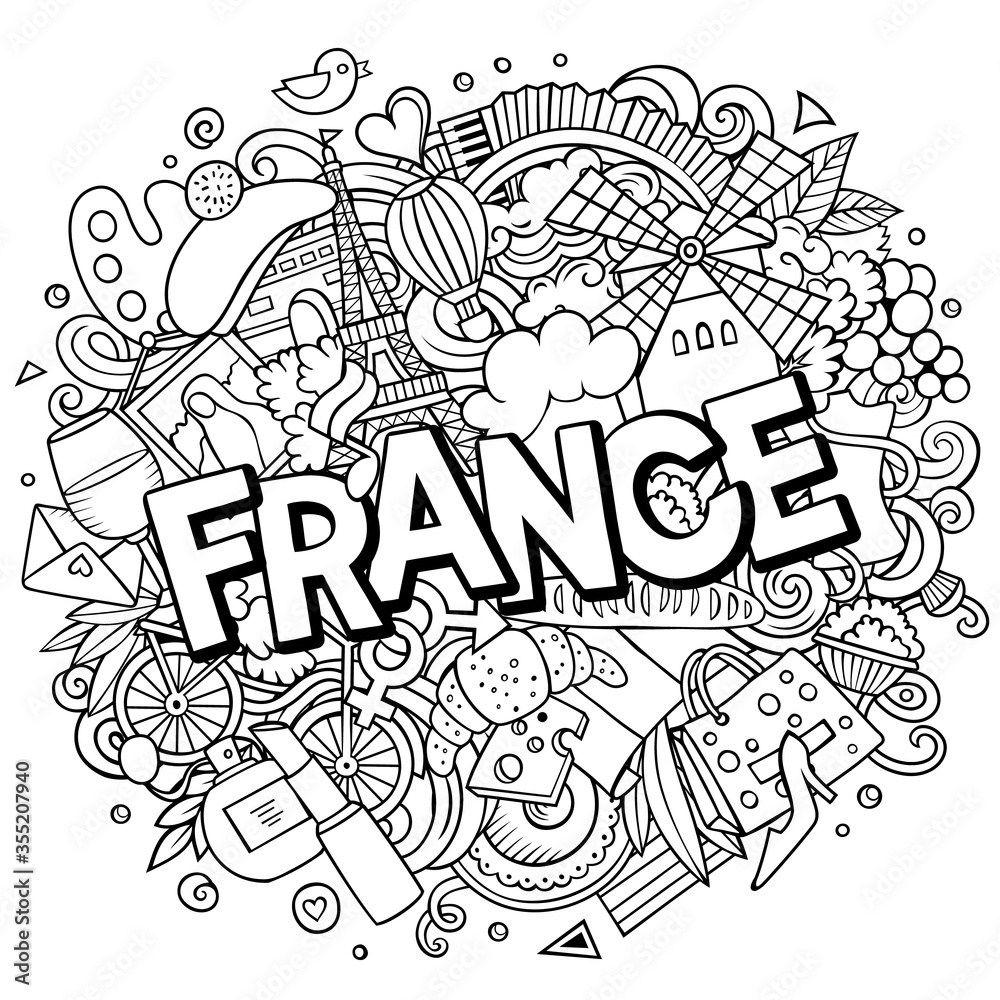 France hand drawn cartoon doodles illustration. Funny travel design.