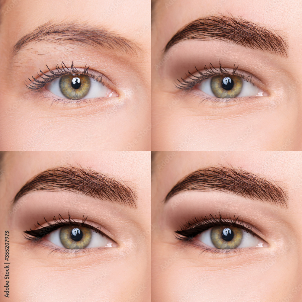 Naklejka premium Female eye before and after applying makeup step by step.