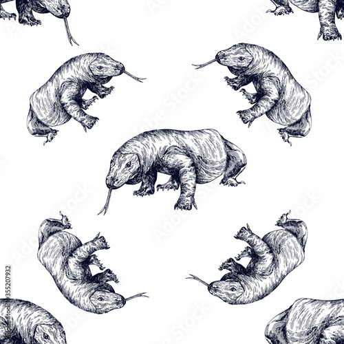 Seamless pattern of hand drawn sketch style Komodo dragons isolated on white background. Vector illustration.