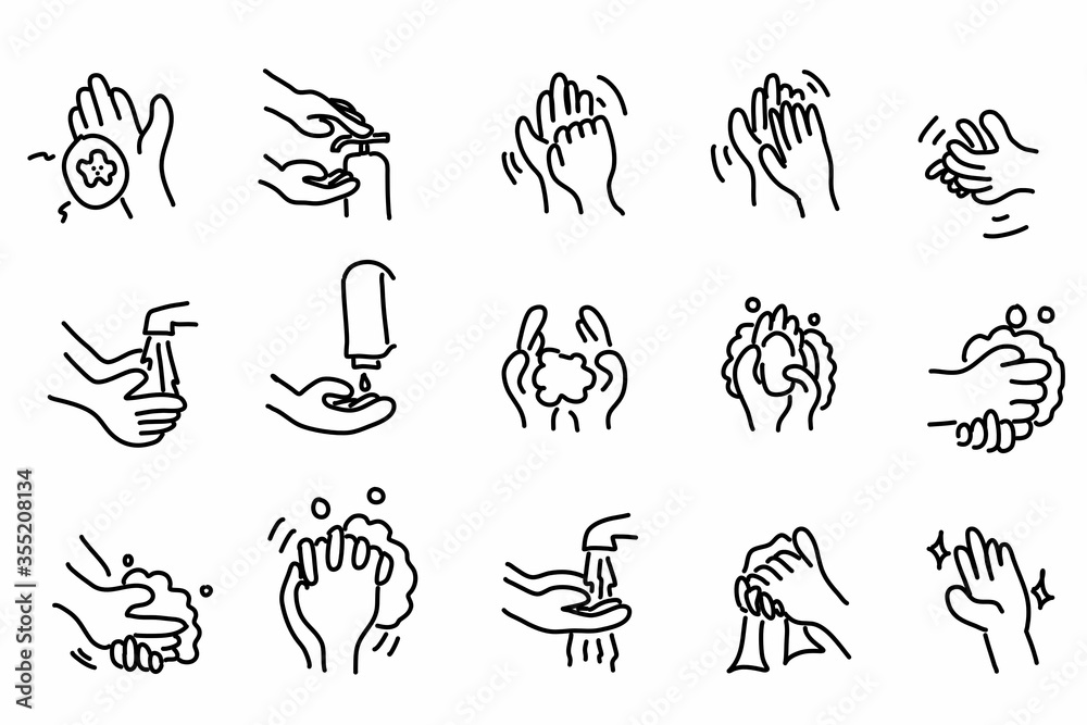 Plakat Hand washing drawing line vector set.