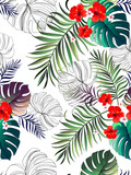 Vector tropical pattern with exotic flowers and palm leaves. Trendy summer background. Summer floral illustration.