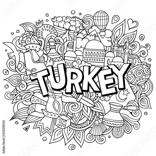 Turkey hand drawn cartoon doodles illustration. Funny travel design.