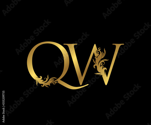 Heraldic Gold letter Q, W and QW Vintage decorative ornament letter stamp, wedding logo, classy letter logo icon.