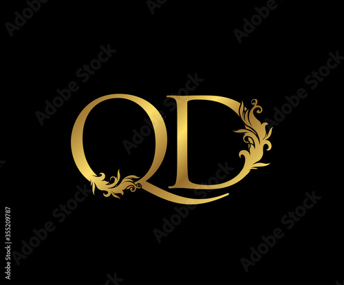 Heraldic Gold letter Q, D and QD Vintage decorative ornament letter stamp, wedding logo, classy letter logo icon.