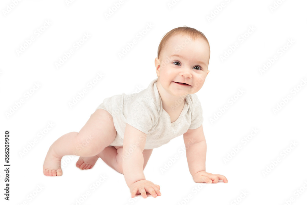 Funny crawling baby girl isolated on white background Funny crawling baby girl isolated on white background