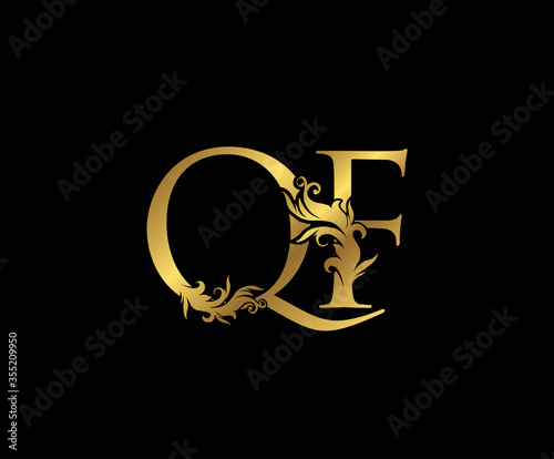 Heraldic Gold letter Q, F and QF Vintage decorative ornament letter stamp, wedding logo, classy letter logo icon.