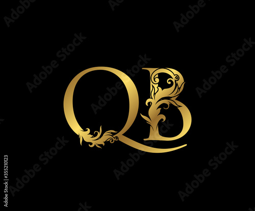 Heraldic Gold letter Q, B and QB Vintage decorative ornament letter stamp, wedding logo, classy letter logo icon.