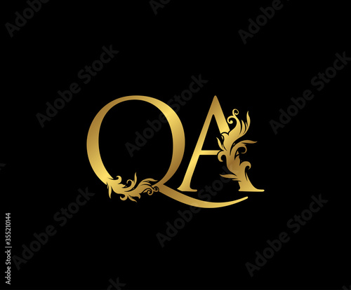 Heraldic Gold letter Q, A and QA Vintage decorative ornament letter stamp, wedding logo, classy letter logo icon.