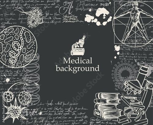 Medical background with sketches, doodles, illegible notes and place for text. Drawing chalk on a blackboard. Vector illustration in retro style on the theme of medicine, chemistry, biology, genetics