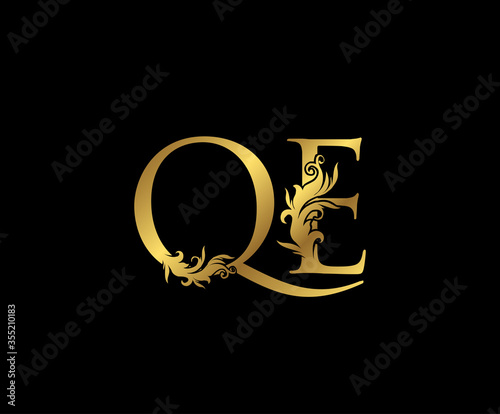 Heraldic Gold letter Q, E and QE Vintage decorative ornament letter stamp, wedding logo, classy letter logo icon.
