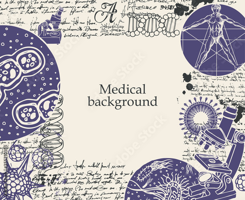 Medical background with sketches, doodles, illegible entries and place for text. Hand-drawn vector illustration in retro style on the theme of medicine, biology, genetics, chemistry.