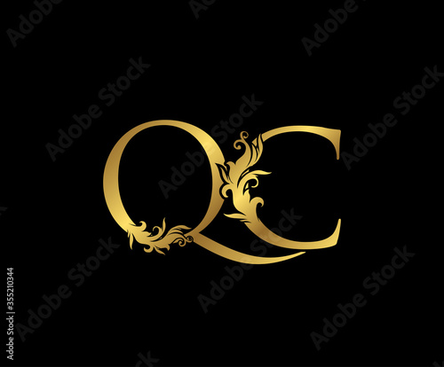 Heraldic Gold letter Q, C and QC Vintage decorative ornament letter stamp, wedding logo, classy letter logo icon.