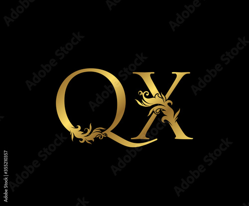 Heraldic Gold letter Q, X and QX Vintage decorative ornament letter stamp, wedding logo, classy letter logo icon.