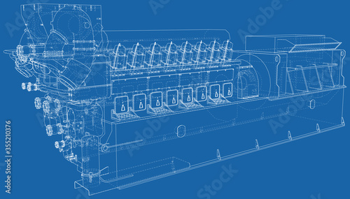 Generator. Diesel and gas industrial electric generator. The layers of visible and invisible lines are separated. Wire-frame outline.