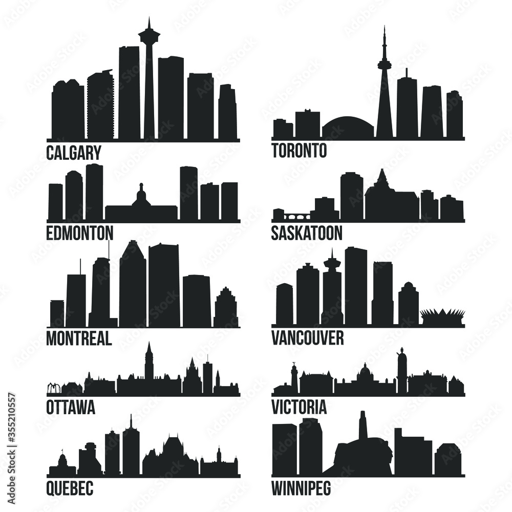 Most Famous Canada Cities Skyline City Silhouette Design Collection