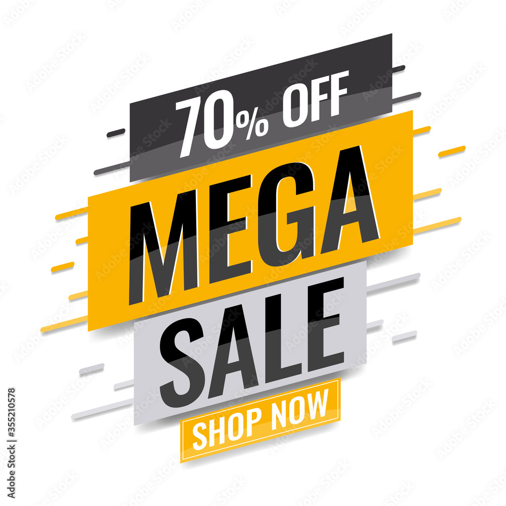 Mega sale banner. Up to 70% off and text shop now.