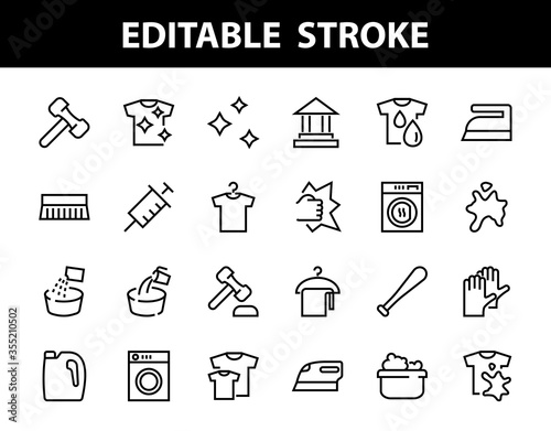 Simple set of washing related vector line Icons. Contains icons such as washing machine, powder, laundry, dirty t-shirt and much more. On a white background, editable stroke. 48x48 pixels perfect