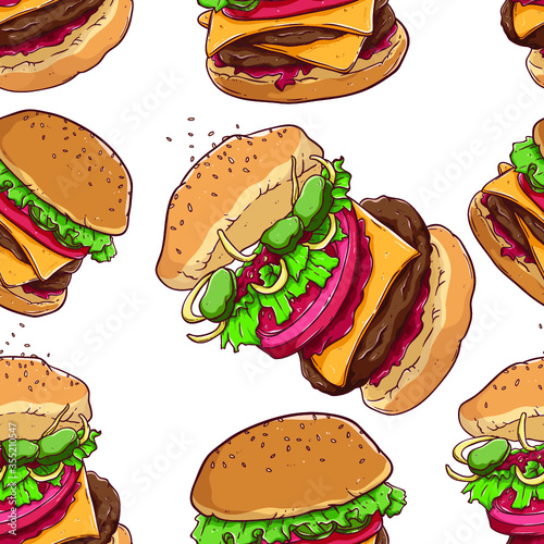 tasty fast food of cheese burger and opened burger in seamless pattern