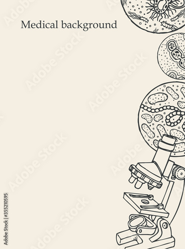 Medical background with an inscription, a hand-drawn microscope, various bacterium and a place for text. Vector illustration in retro style on the theme of medicine, biology, genetics, virology