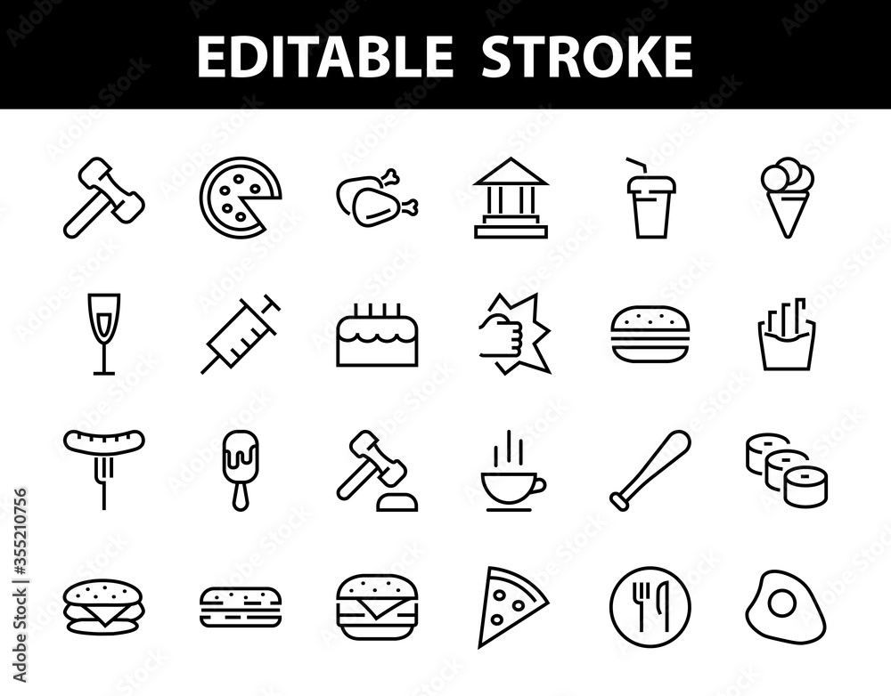A simple set of fast food icons related to the vector line. Contains icons such as pizza, burger, sushi, bike, scrambled eggs and more. EDITABLE stroke. 480x480 pixels perfect, EPS 10 A simple set of fast food icons related to the vector line. Contains icons such as pizza, burger, sushi, bike, scrambled eggs and more. EDITABLE stroke. 480x480 pixels perfect, EPS 10