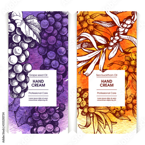 Stylish design hand cream with sketch illustration of grape and sea buckthorn