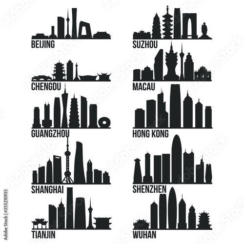 Most Famous China Cities Skyline City Silhouette Design Collection