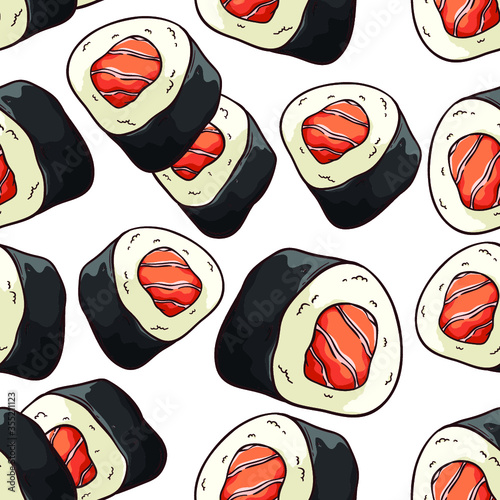 tasty japanese seafood of futo maki or sushi roll in seamless pattern