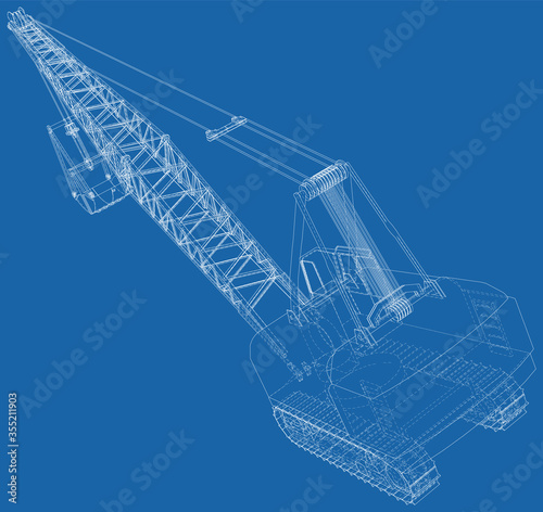 Dragline excavator. The layers of visible and invisible lines are separated. The layers of visible and invisible lines are separated. Wire-frame outline.