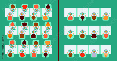 Wallpaper Mural Vector drawing of social distance at a table in a public place on a blue background. People are sitting at tables through partitions. Safety, health Torontodigital.ca