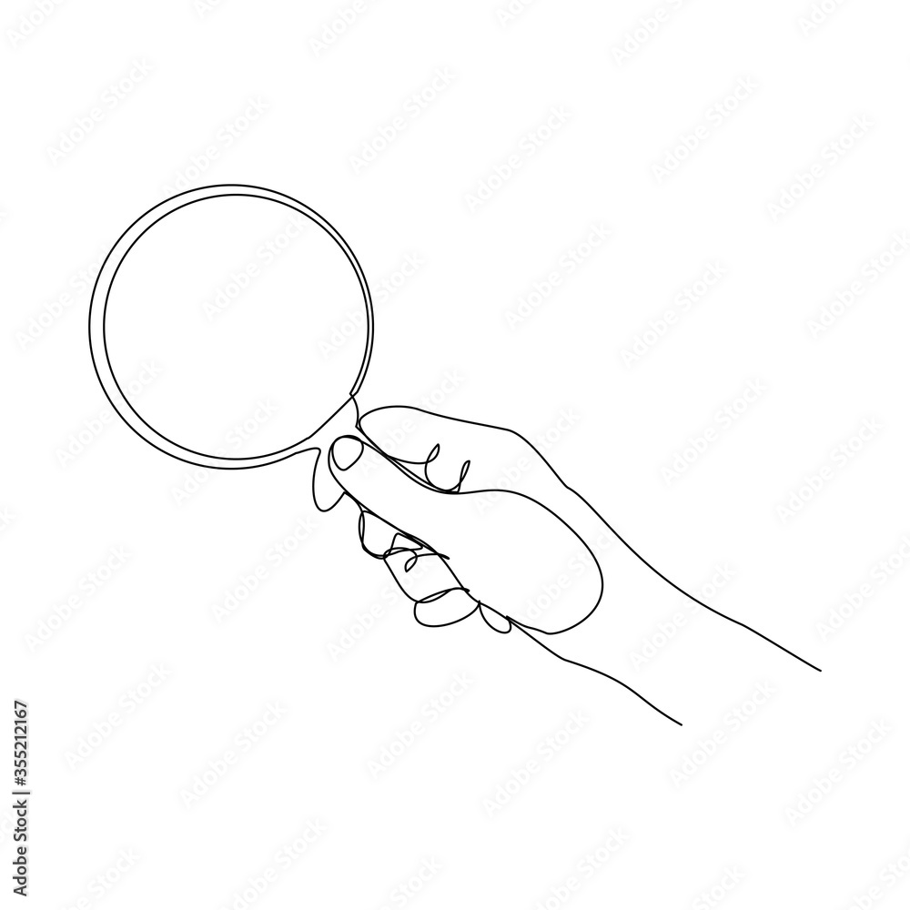 Continuous line drawing of hand holding magnifying glass . Vector illustration - obrazy, fototapety, plakaty 