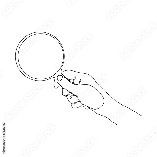 Continuous line drawing of hand holding magnifying glass . Vector illustration