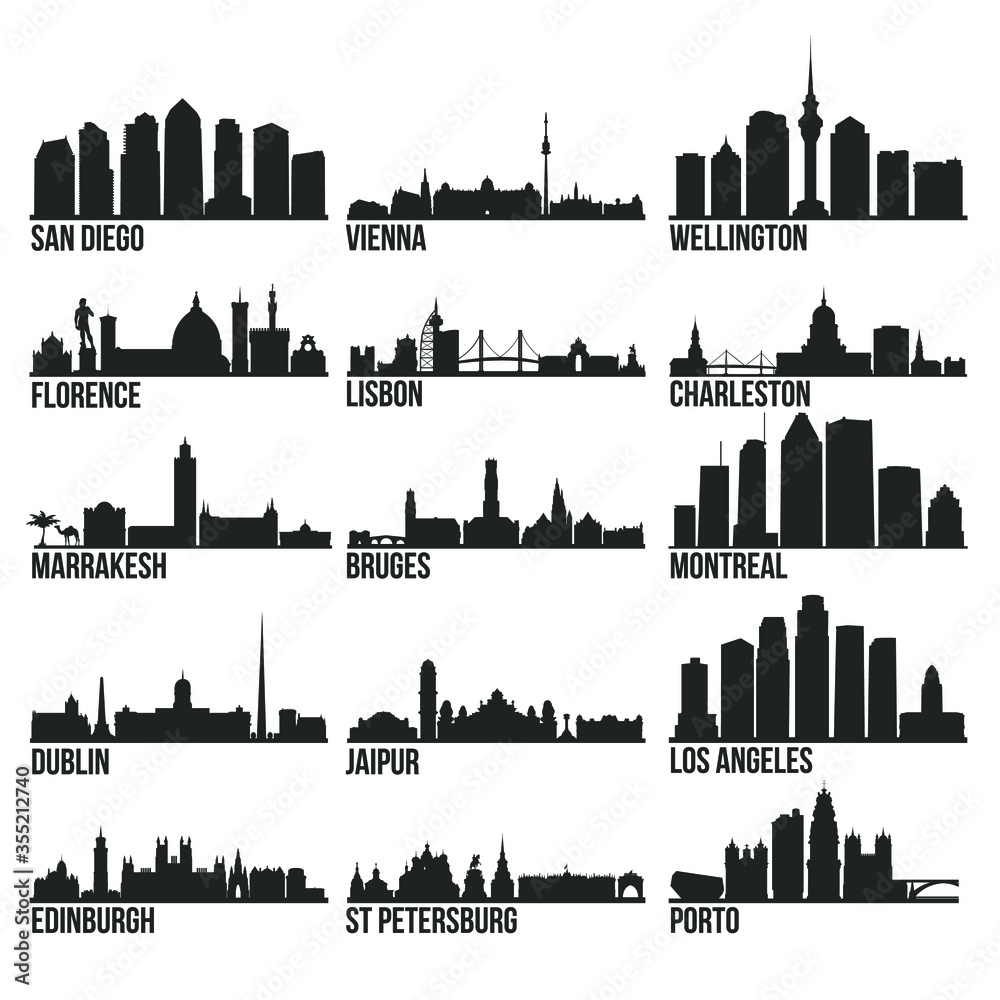 Romantic Cities Most Famous Skyline City Silhouette Design Collection Set Pack 2
