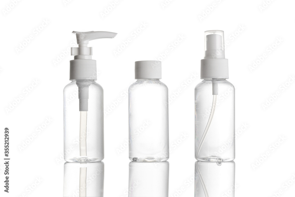 Sanitizer bottle. Empty clear plastic pump container for antiseptic gel, cosmetic soap and mineral shampoo isolated on white. Water cap blank spray on transparent background. Sanitizer bottle. Empty clear plastic pump container for antiseptic gel, cosmetic soap and mineral shampoo isolated on white. Water cap blank spray on transparent background.