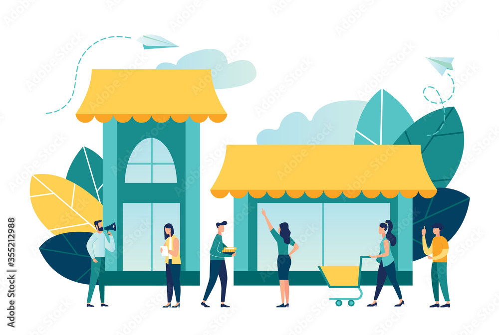 Vector illustration, flat style, various shops, discounts, purchase of goods and gifts, investing in real estate, shopping concept