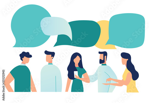 Vector illustration, flat style, businessmen discuss social network, news, social networks, chat, dialogue speech bubbles