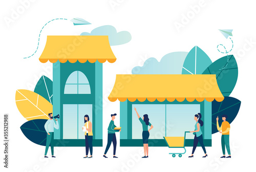 Vector illustration, flat style, various shops, discounts, purchase of goods and gifts, investing in real estate, shopping concept