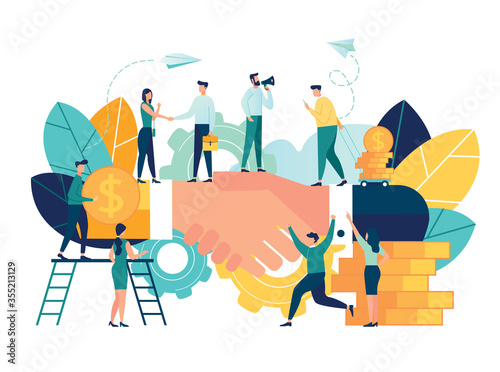 Business concept vector illustration, partnership concept, agreement of parties, hand shake, signing documents