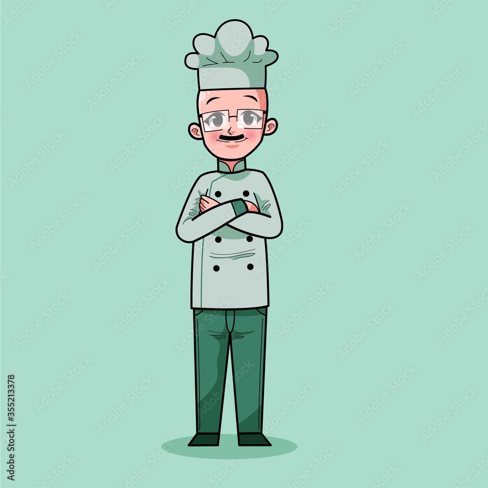 Cute Hand Drawn of Smiling Happy People Chef Wearing Uniform With Bald Head, Mustache and Glasses. Suitable For Children Book, Mascot, Character, T-Shirt, Sticker, Logo. Cartoon Illustration. Doodle. Cute Hand Drawn of Smiling Happy People Chef Wearing Uniform With Bald Head, Mustache and Glasses. Suitable For Children Book, Mascot, Character, T-Shirt, Sticker, Logo. Cartoon Illustration. Doodle.