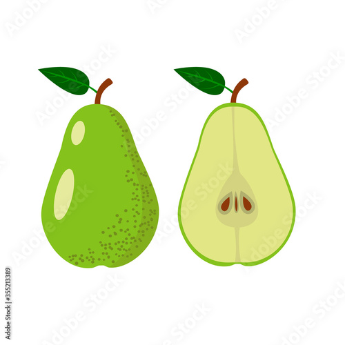 Green pear with a leaf whole and half. Fruit isolated on a white background. Stock vector illustration.