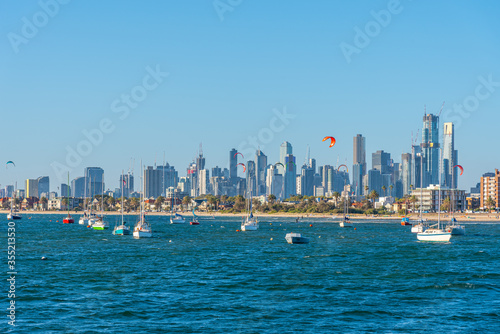 Skyline of Melbourne behind marina at St. Kilda, Australia photo