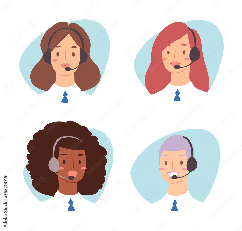 Cartoon avatar set of cute happy young women customer support phone operator with mix race nationality. Portrait of smiling girls, callcenter workers with headset. Client services and communication Cartoon avatar set of cute happy young women customer support phone operator with mix race nationality. Portrait of smiling girls, callcenter workers with headset. Client services and communication
