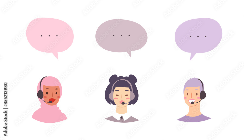 Cartoon avatar set of cute happy young women customer support phone operator with mix race nationality. Portrait of smiling girls, call center workers with headset and speech bubbles with web icons Cartoon avatar set of cute happy young women customer support phone operator with mix race nationality. Portrait of smiling girls, call center workers with headset and speech bubbles with web icons