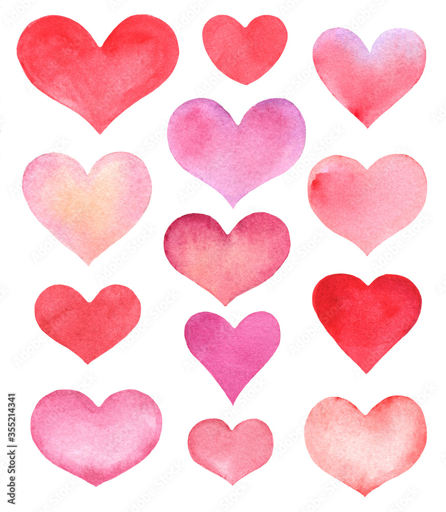 hand-drawn set of watercolor hearts isolated on white